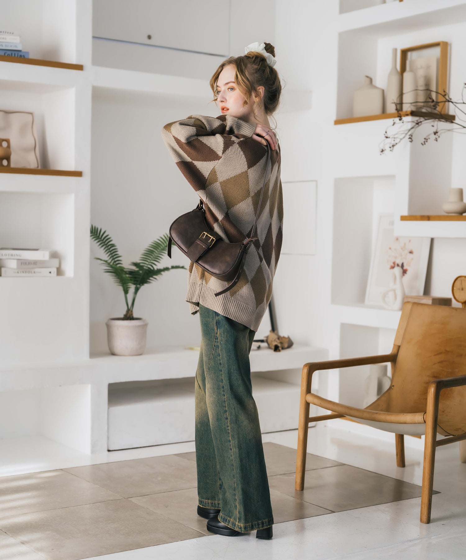 オーバーサイズ総柄Vネックボリュームニットカーディガン アーガイル柄 チェック柄 15484