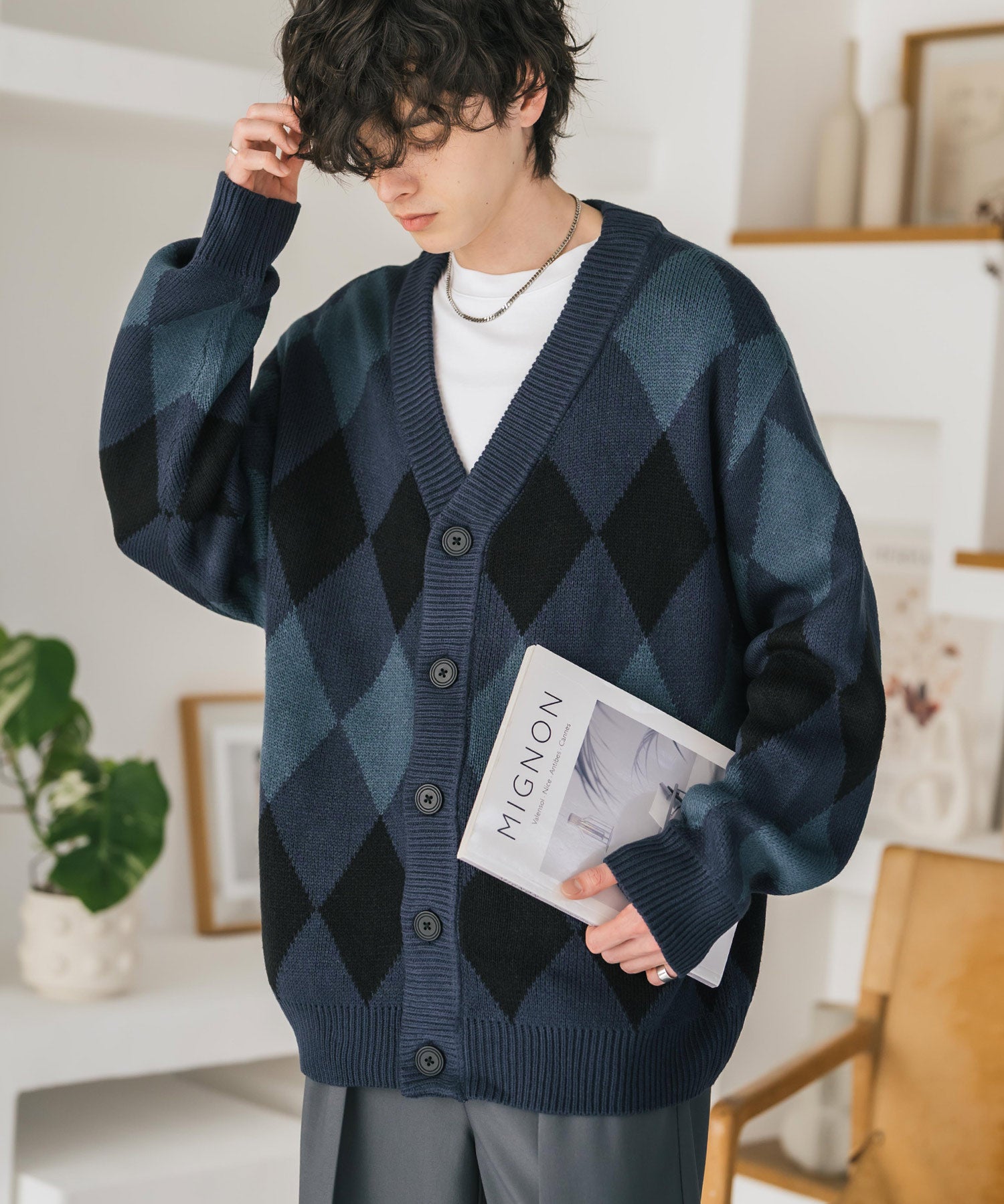 オーバーサイズ総柄Vネックボリュームニットカーディガン アーガイル柄 チェック柄 15484