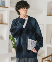 オーバーサイズ総柄Vネックボリュームニットカーディガン アーガイル柄 チェック柄 15484