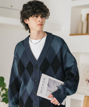 オーバーサイズ総柄Vネックボリュームニットカーディガン アーガイル柄 チェック柄 15484