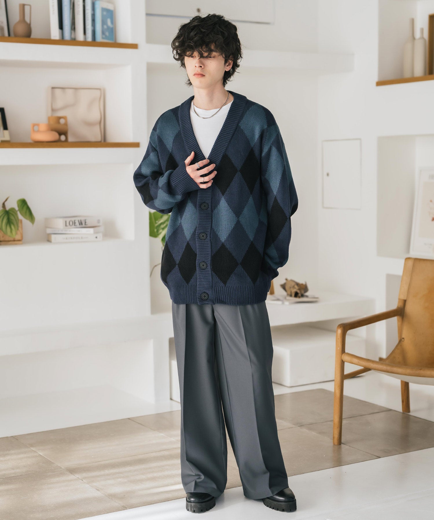 オーバーサイズ総柄Vネックボリュームニットカーディガン アーガイル柄 チェック柄 15484