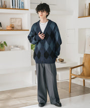 オーバーサイズ総柄Vネックボリュームニットカーディガン アーガイル柄 チェック柄 15484