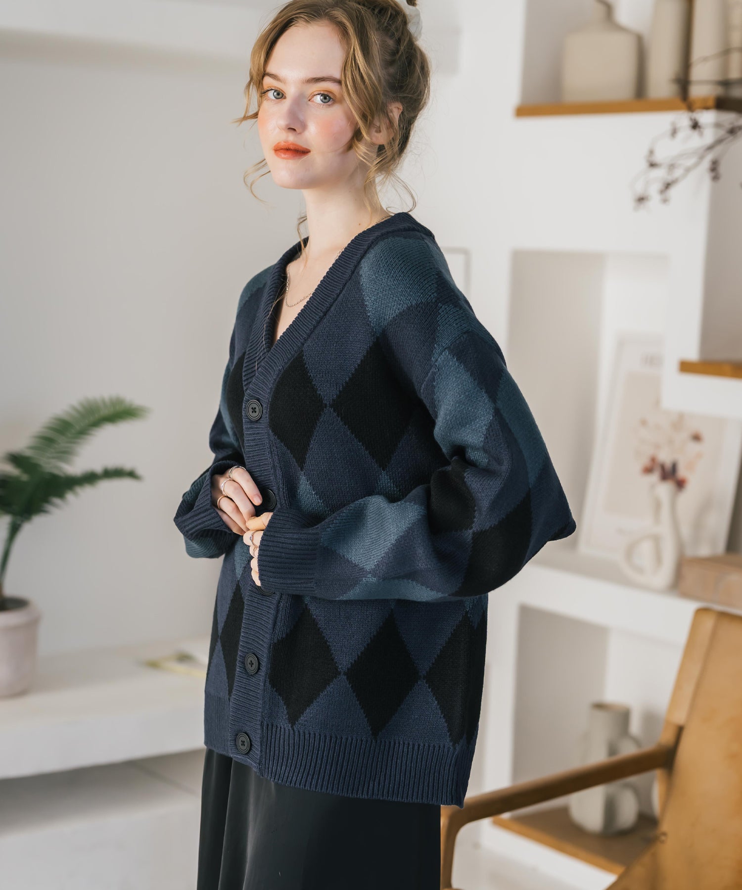 オーバーサイズ総柄Vネックボリュームニットカーディガン アーガイル柄 チェック柄 15484