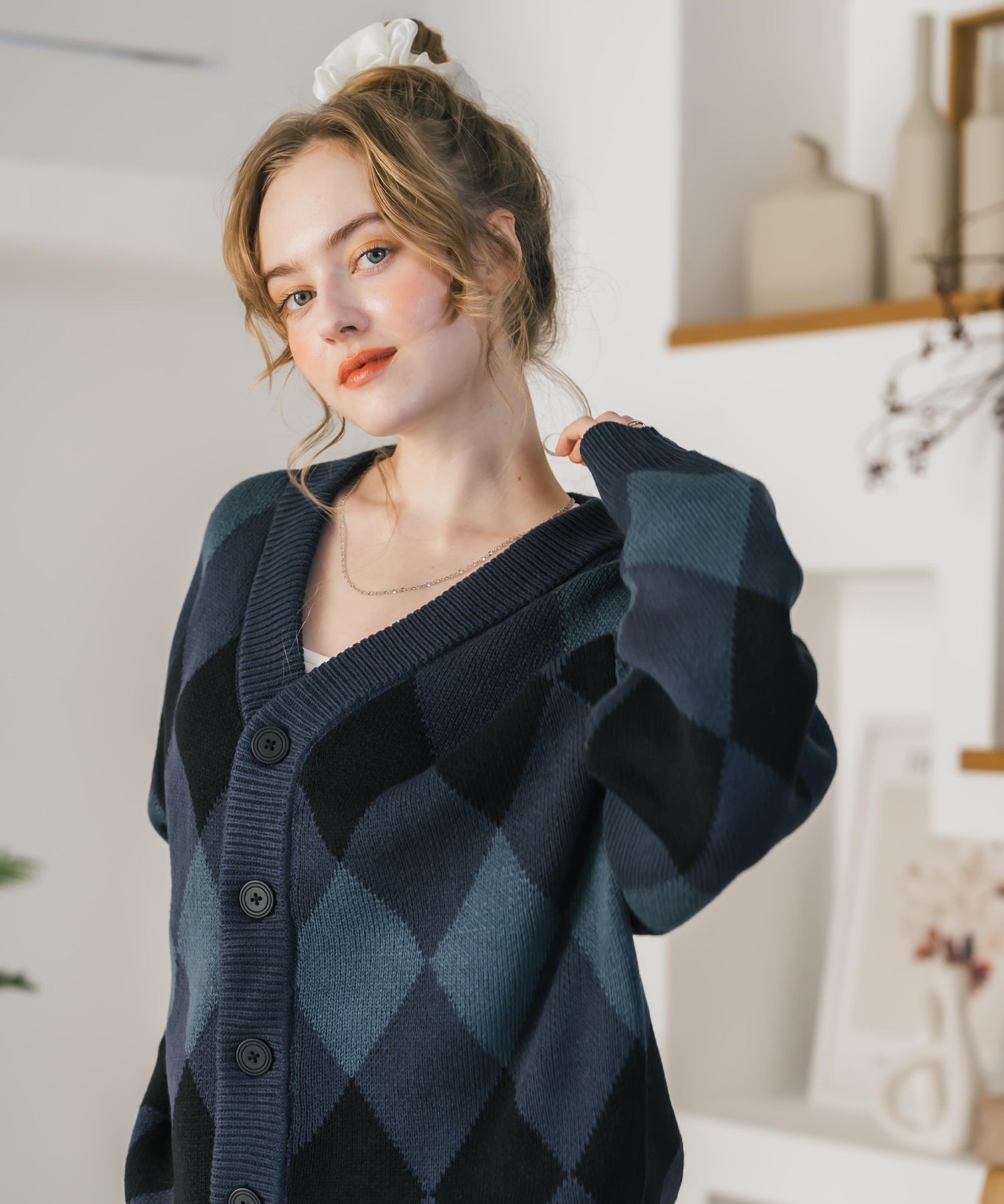 オーバーサイズ総柄Vネックボリュームニットカーディガン アーガイル柄 チェック柄 15484