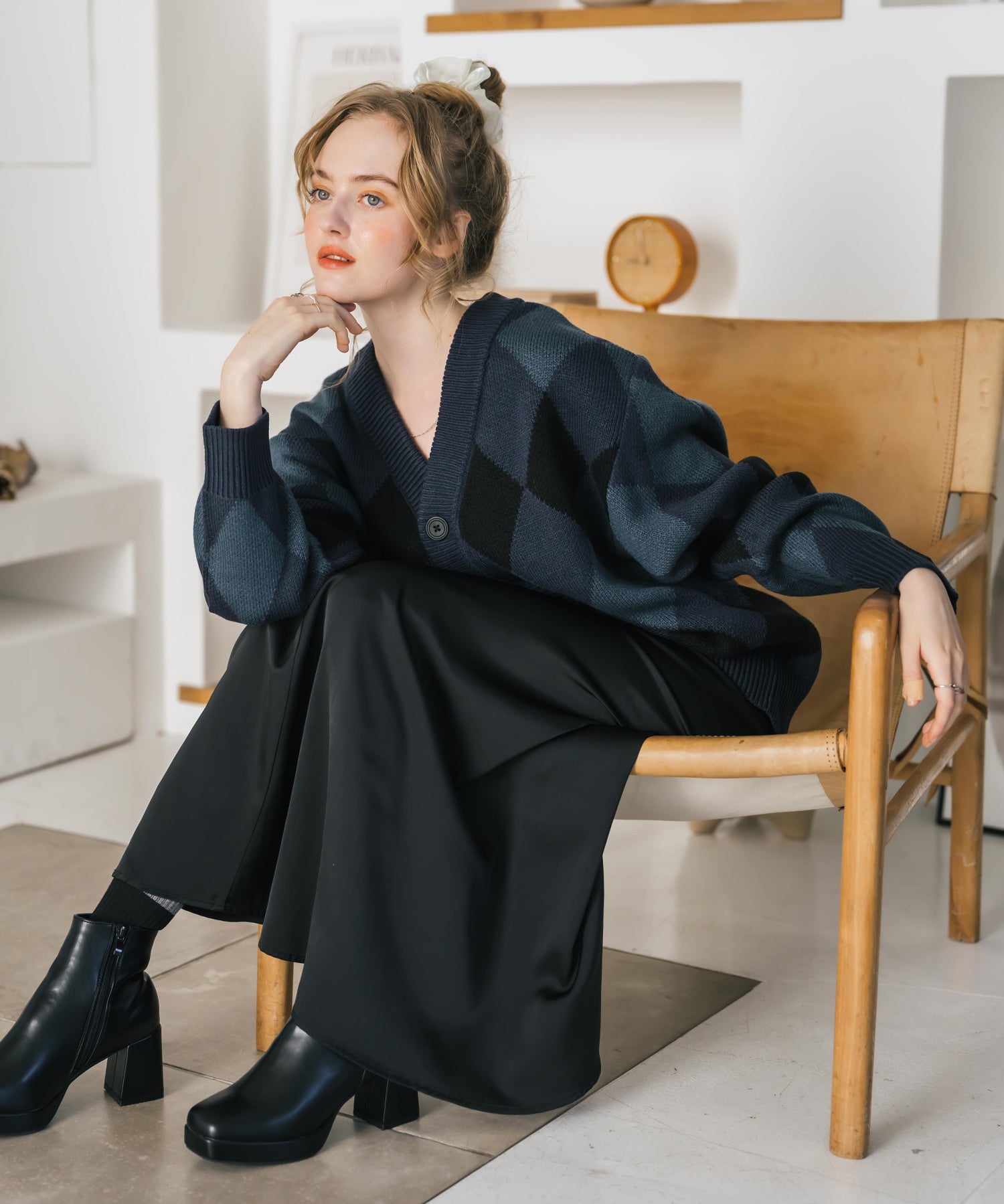 オーバーサイズ総柄Vネックボリュームニットカーディガン アーガイル柄 チェック柄 15484