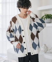 オーバーサイズ総柄Vネックボリュームニットカーディガン アーガイル柄 チェック柄 15484