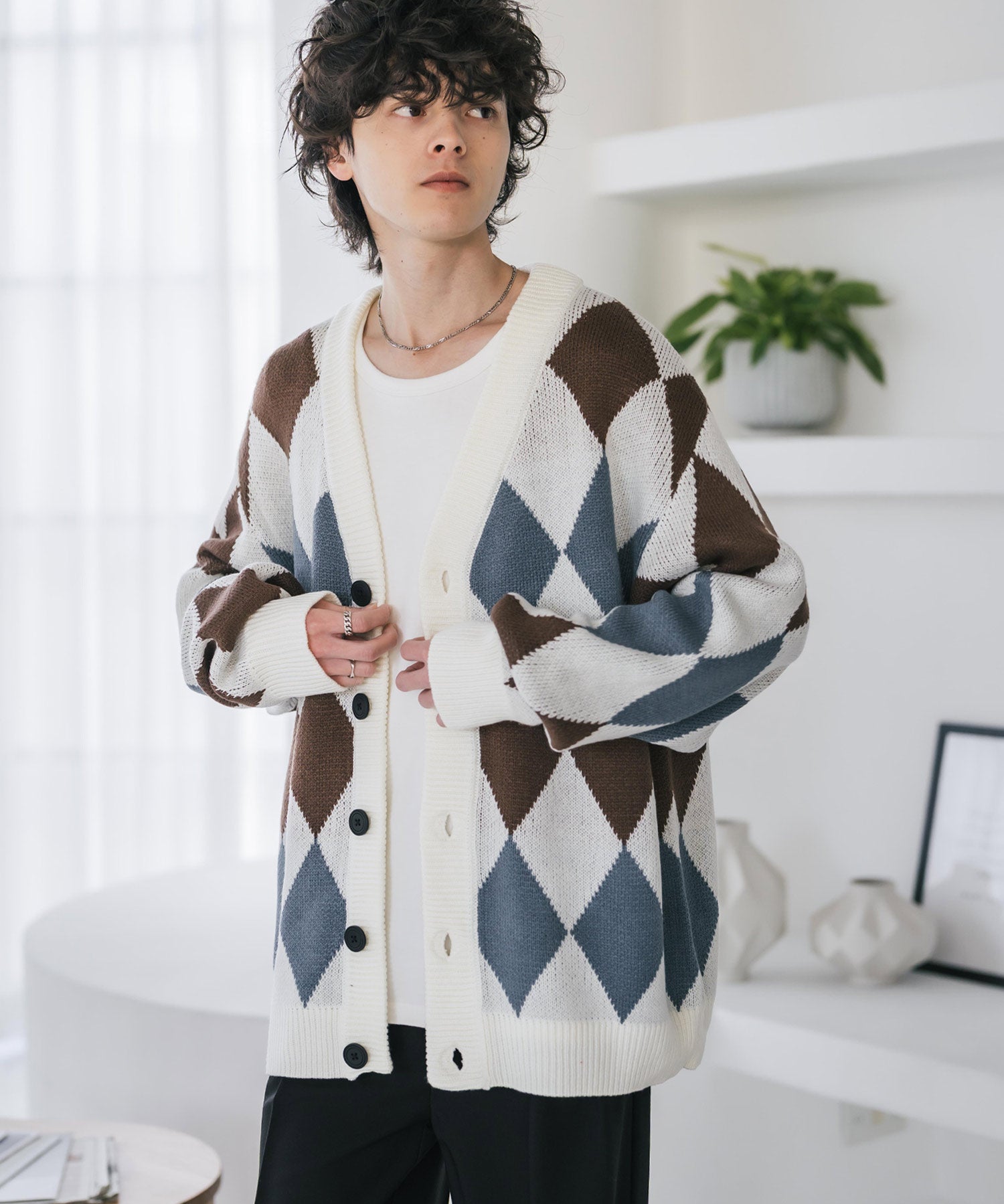 オーバーサイズ総柄Vネックボリュームニットカーディガン アーガイル柄 チェック柄 15484