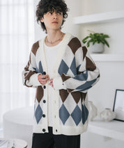 オーバーサイズ総柄Vネックボリュームニットカーディガン アーガイル柄 チェック柄 15484