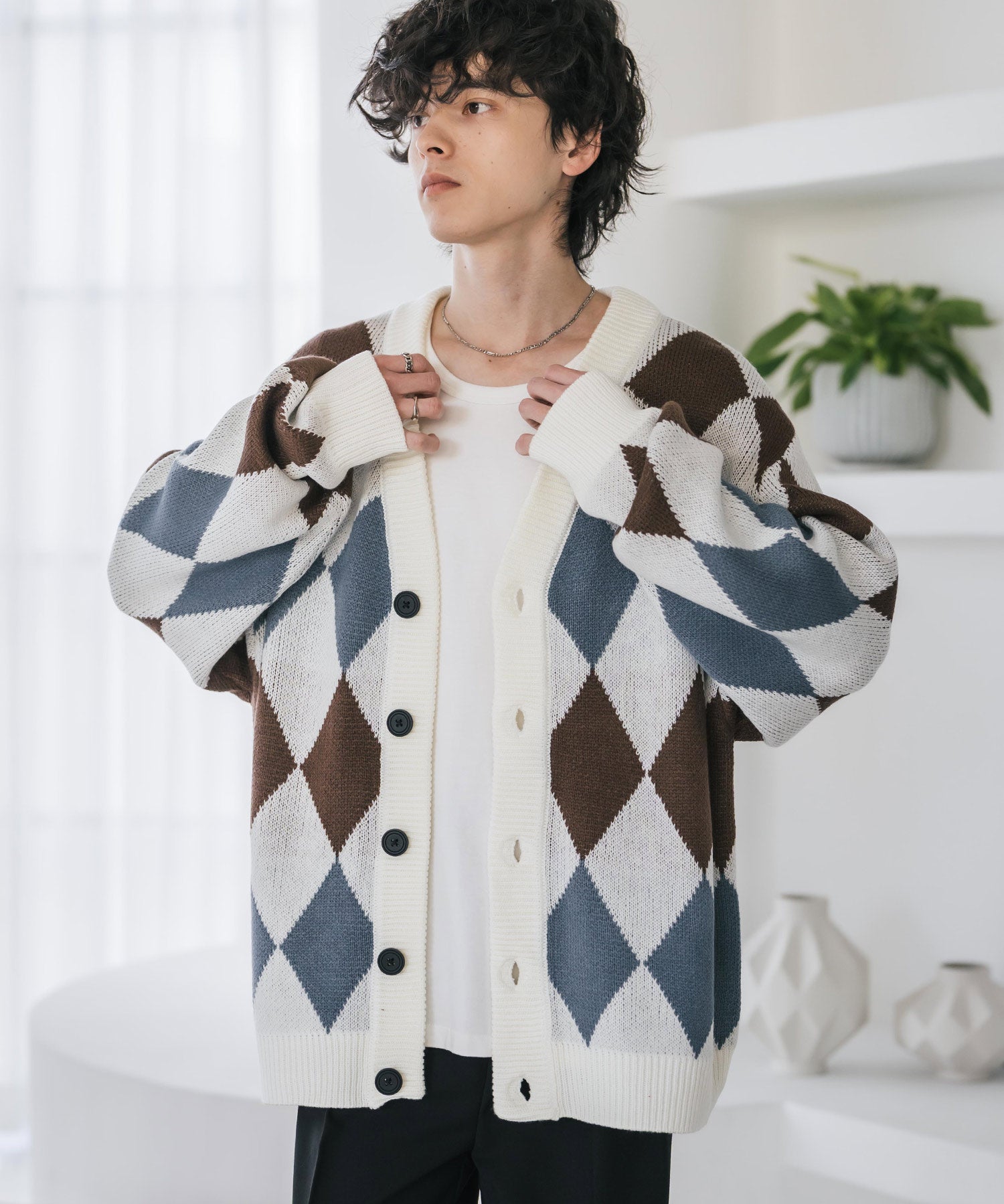 オーバーサイズ総柄Vネックボリュームニットカーディガン アーガイル柄 チェック柄 15484