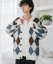 オーバーサイズ総柄Vネックボリュームニットカーディガン アーガイル柄 チェック柄 15484