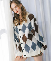 オーバーサイズ総柄Vネックボリュームニットカーディガン アーガイル柄 チェック柄 15484