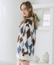 オーバーサイズ総柄Vネックボリュームニットカーディガン アーガイル柄 チェック柄 15484