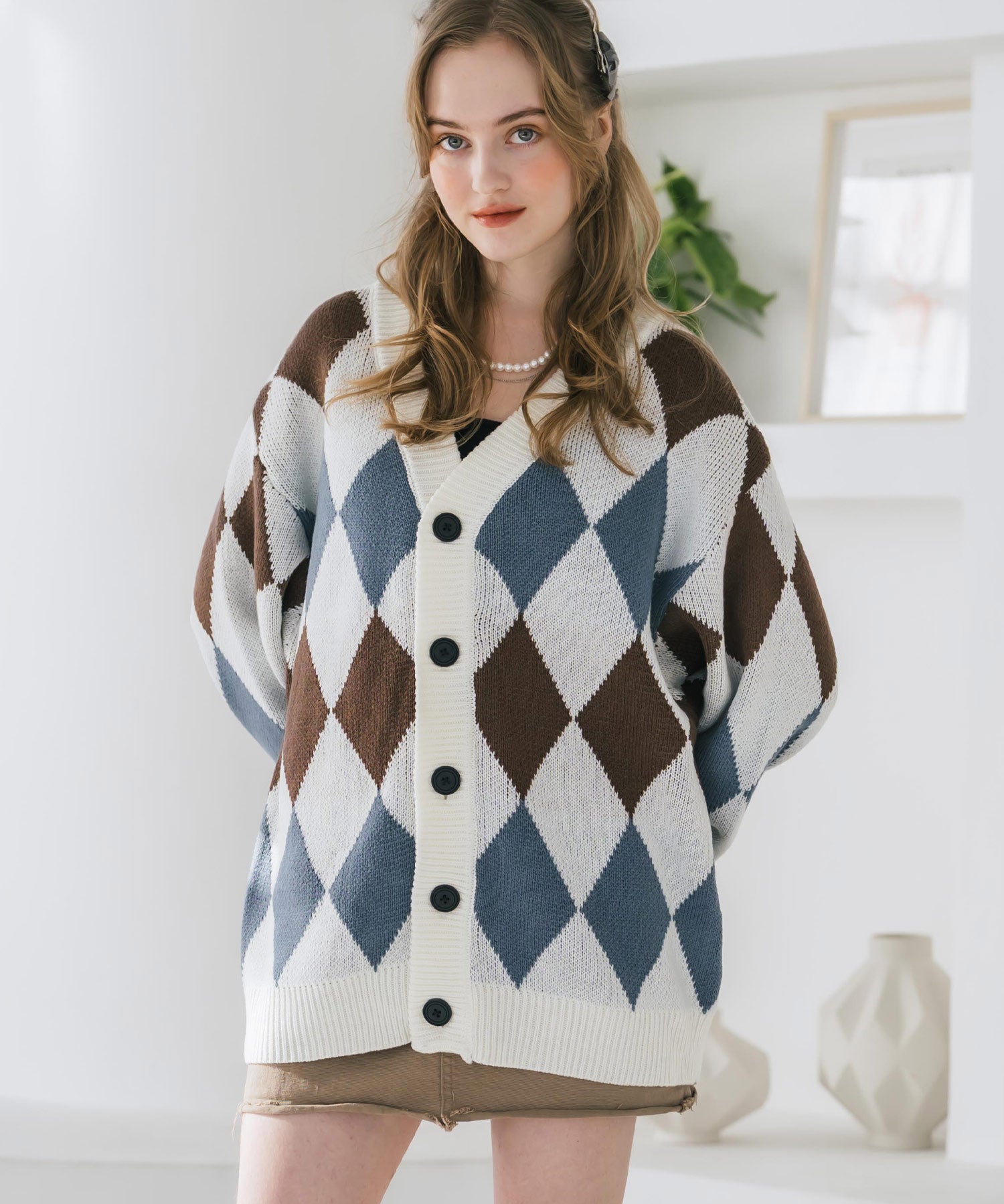 オーバーサイズ総柄Vネックボリュームニットカーディガン アーガイル柄 チェック柄 15484