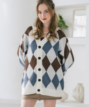 オーバーサイズ総柄Vネックボリュームニットカーディガン アーガイル柄 チェック柄 15484