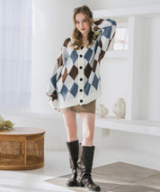 オーバーサイズ総柄Vネックボリュームニットカーディガン アーガイル柄 チェック柄 15484