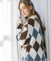 オーバーサイズ総柄Vネックボリュームニットカーディガン アーガイル柄 チェック柄 15484