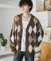 オーバーサイズ総柄Vネックボリュームニットカーディガン アーガイル柄 チェック柄 15484
