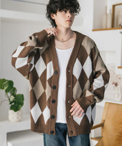 オーバーサイズ総柄Vネックボリュームニットカーディガン アーガイル柄 チェック柄 15484