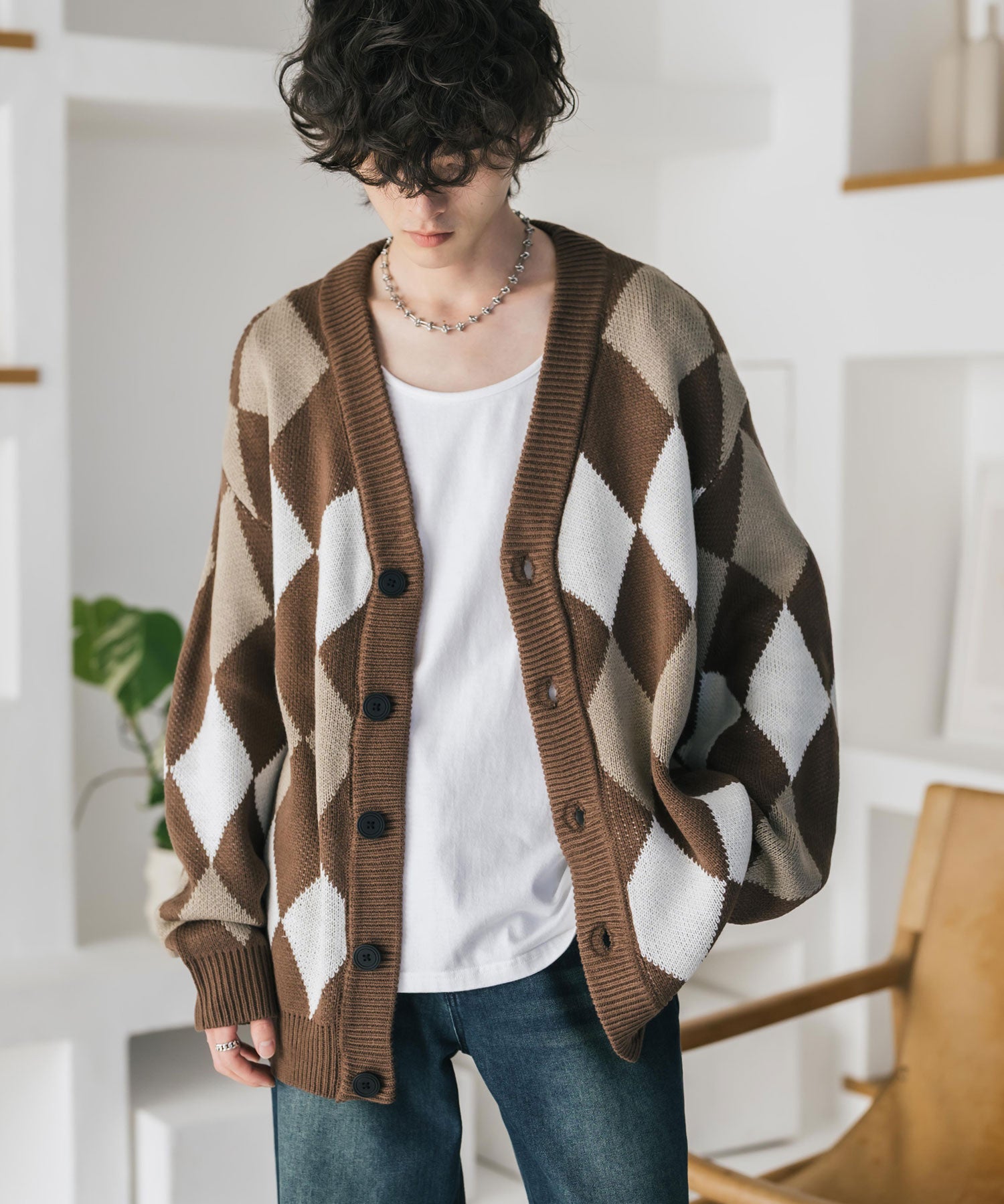 オーバーサイズ総柄Vネックボリュームニットカーディガン アーガイル柄 チェック柄 15484