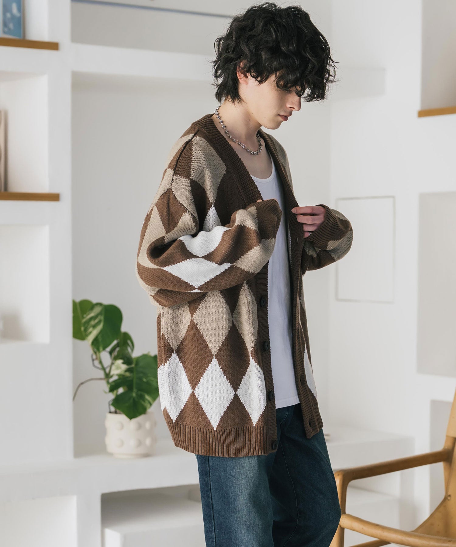 オーバーサイズ総柄Vネックボリュームニットカーディガン アーガイル柄 チェック柄 15484