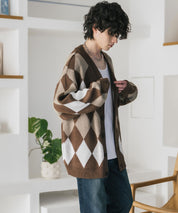 オーバーサイズ総柄Vネックボリュームニットカーディガン アーガイル柄 チェック柄 15484