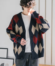 オーバーサイズ総柄Vネックボリュームニットカーディガン アーガイル柄 チェック柄 15484