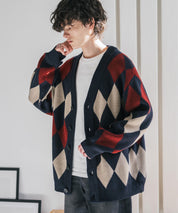 オーバーサイズ総柄Vネックボリュームニットカーディガン アーガイル柄 チェック柄 15484