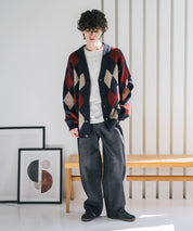 オーバーサイズ総柄Vネックボリュームニットカーディガン アーガイル柄 チェック柄 15484