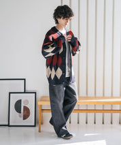 オーバーサイズ総柄Vネックボリュームニットカーディガン アーガイル柄 チェック柄 15484