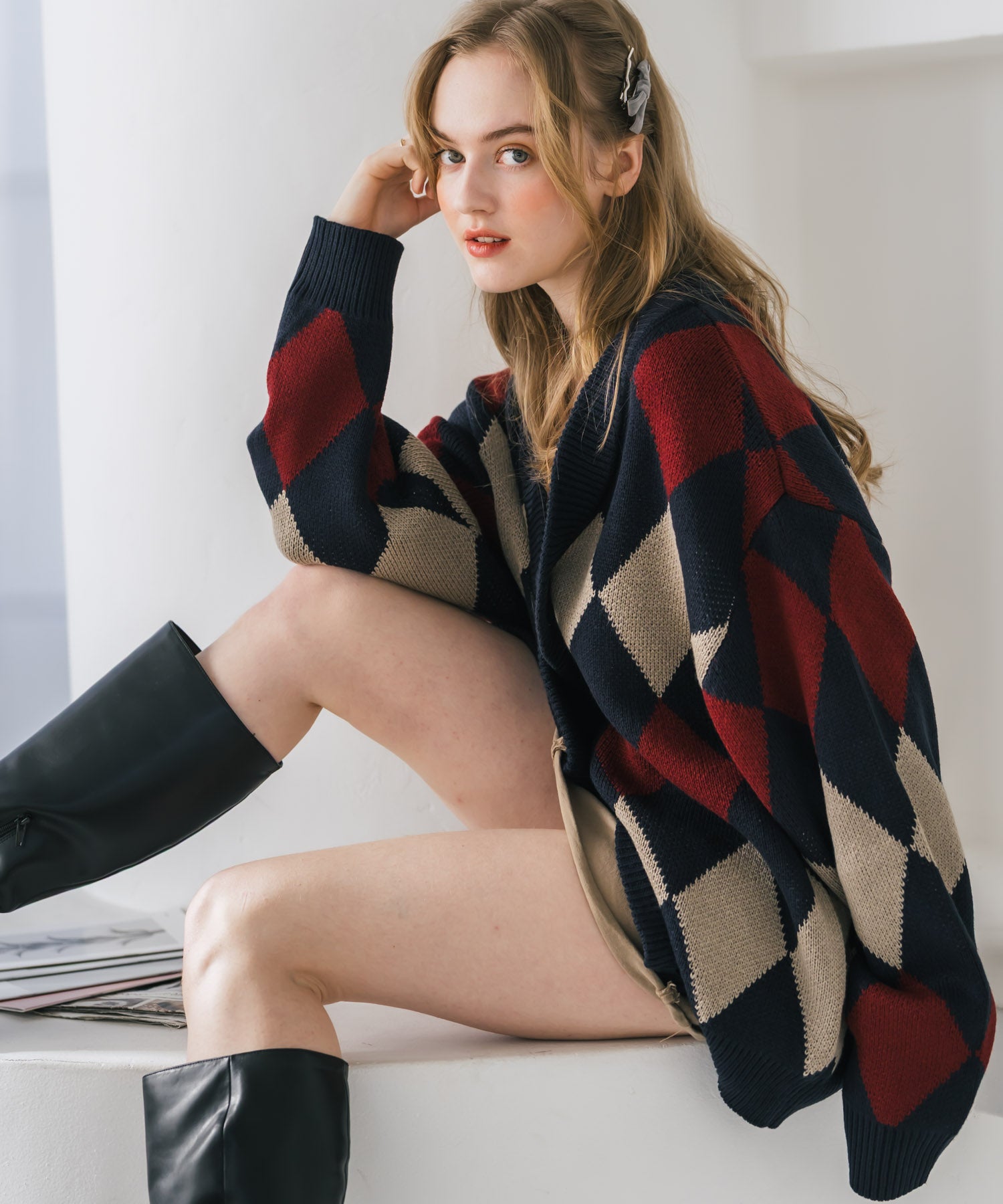 オーバーサイズ総柄Vネックボリュームニットカーディガン アーガイル柄 チェック柄 15484