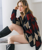 オーバーサイズ総柄Vネックボリュームニットカーディガン アーガイル柄 チェック柄 15484