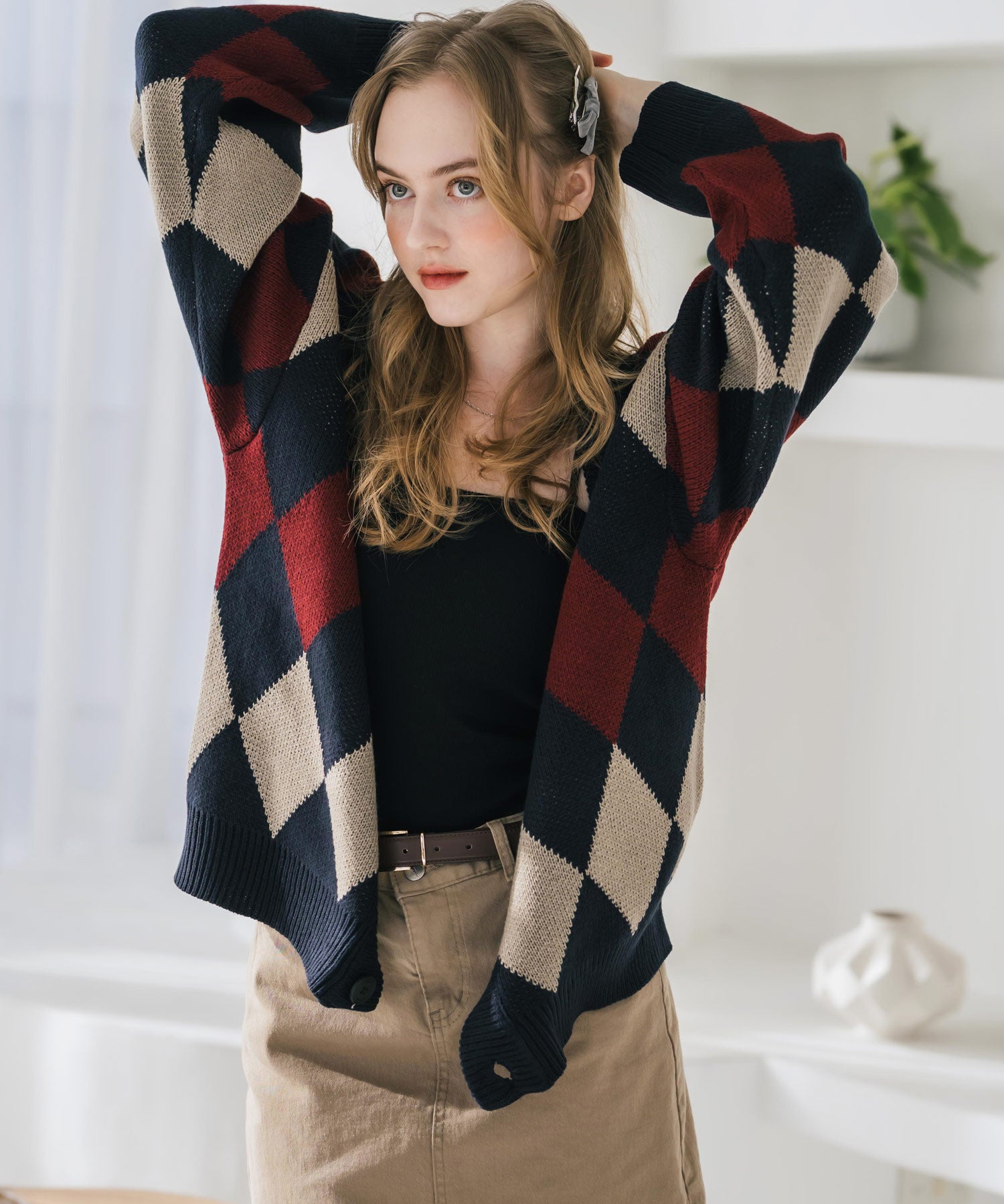 オーバーサイズ総柄Vネックボリュームニットカーディガン アーガイル柄 チェック柄 15484