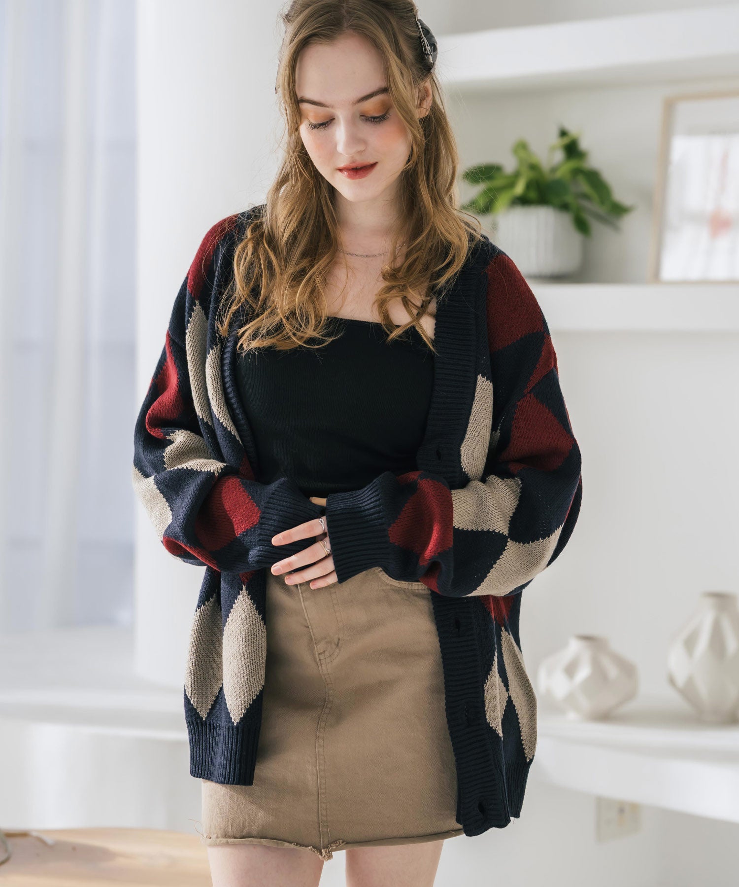 オーバーサイズ総柄Vネックボリュームニットカーディガン アーガイル柄 チェック柄 15484