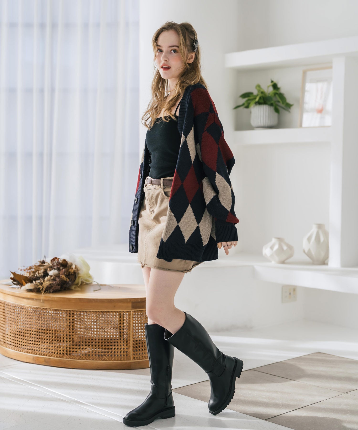 オーバーサイズ総柄Vネックボリュームニットカーディガン アーガイル柄 チェック柄 15484