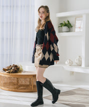 オーバーサイズ総柄Vネックボリュームニットカーディガン アーガイル柄 チェック柄 15484