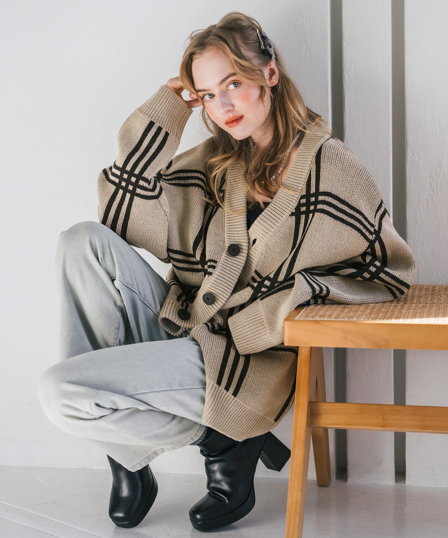 オーバーサイズ総柄Vネックボリュームニットカーディガン アーガイル柄 チェック柄 15484