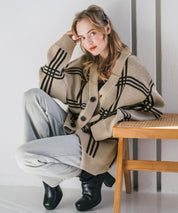 オーバーサイズ総柄Vネックボリュームニットカーディガン アーガイル柄 チェック柄 15484