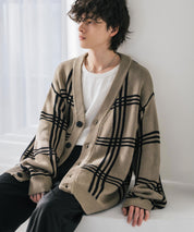 オーバーサイズ総柄Vネックボリュームニットカーディガン アーガイル柄 チェック柄 15484