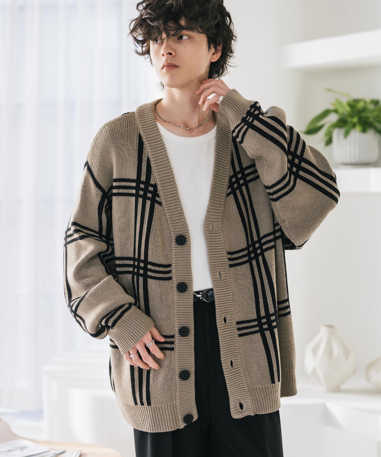 オーバーサイズ総柄Vネックボリュームニットカーディガン アーガイル柄 チェック柄 15484