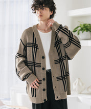 オーバーサイズ総柄Vネックボリュームニットカーディガン アーガイル柄 チェック柄 15484