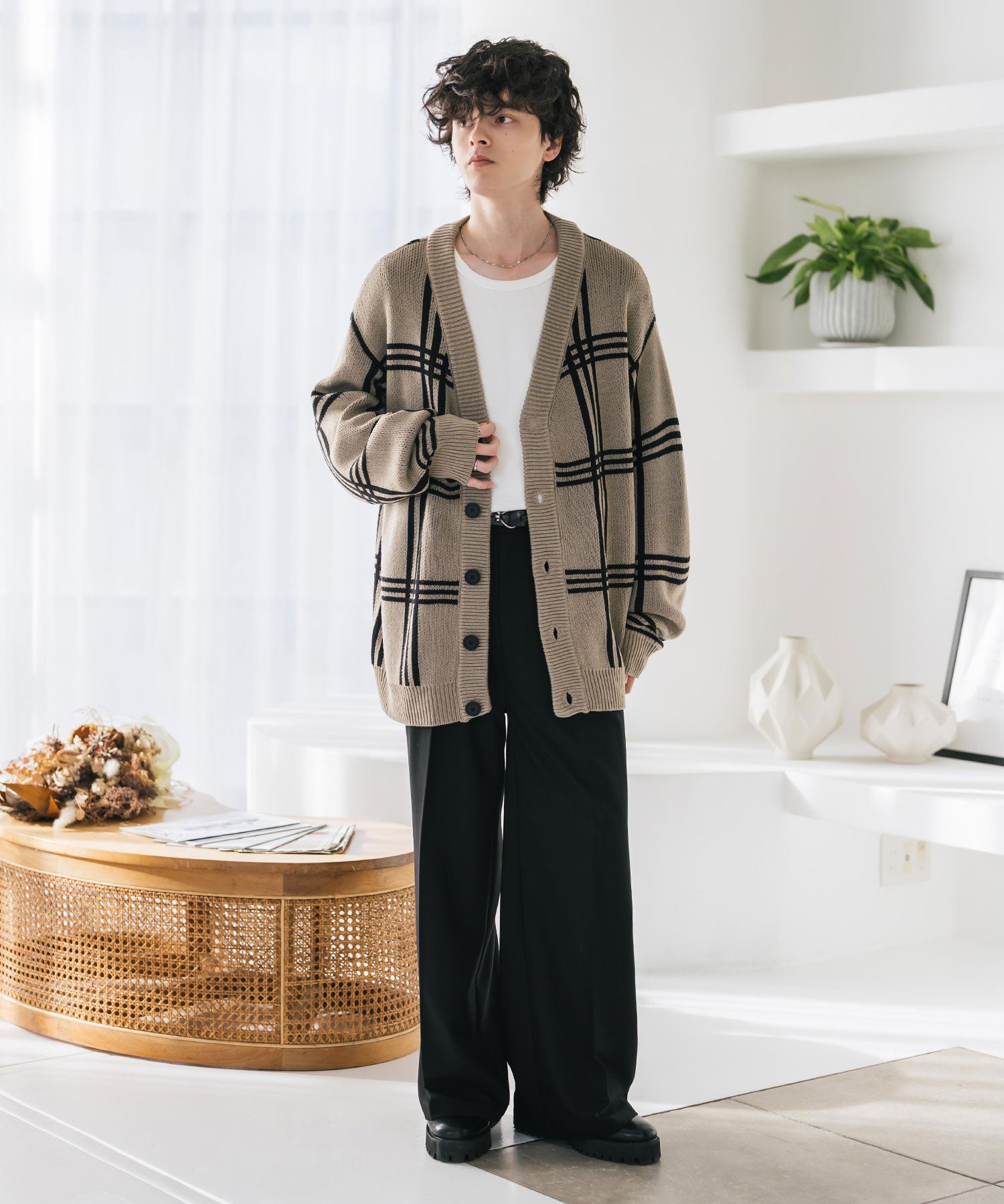 オーバーサイズ総柄Vネックボリュームニットカーディガン アーガイル柄 チェック柄 15484