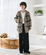 オーバーサイズ総柄Vネックボリュームニットカーディガン アーガイル柄 チェック柄 15484