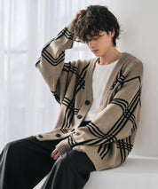 オーバーサイズ総柄Vネックボリュームニットカーディガン アーガイル柄 チェック柄 15484