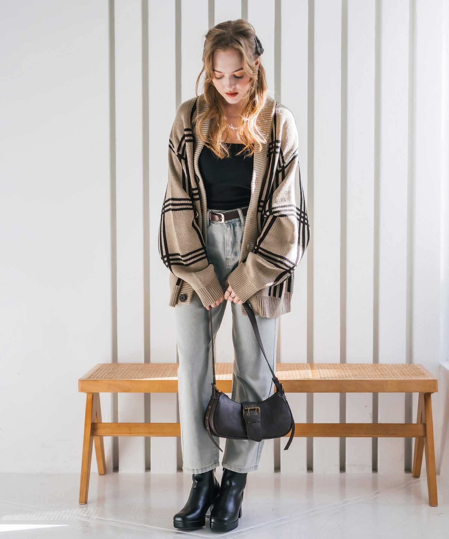 オーバーサイズ総柄Vネックボリュームニットカーディガン アーガイル柄 チェック柄 15484