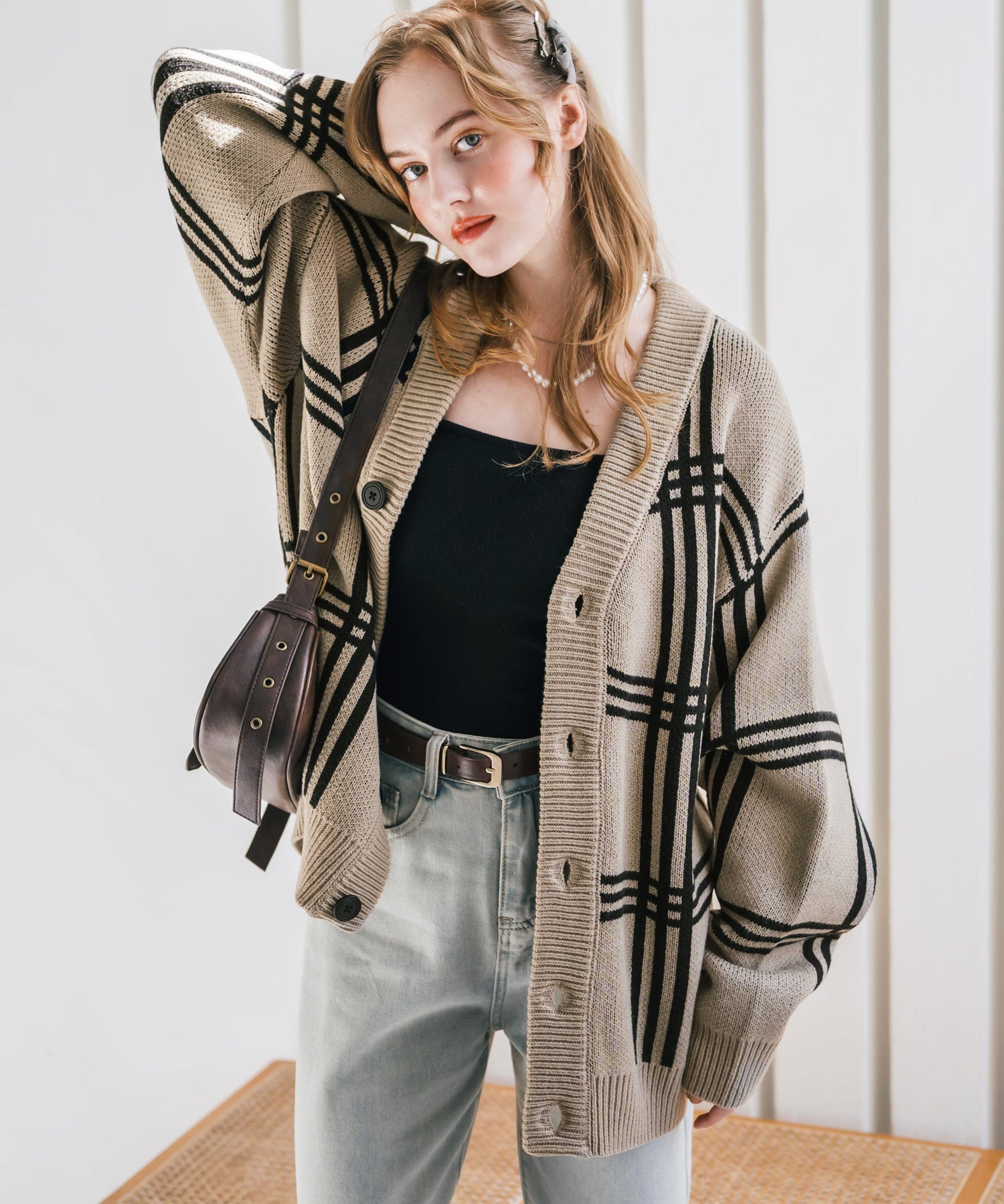 オーバーサイズ総柄Vネックボリュームニットカーディガン アーガイル柄 チェック柄 15484