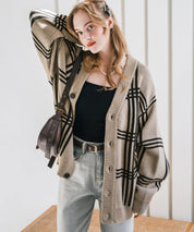 オーバーサイズ総柄Vネックボリュームニットカーディガン アーガイル柄 チェック柄 15484