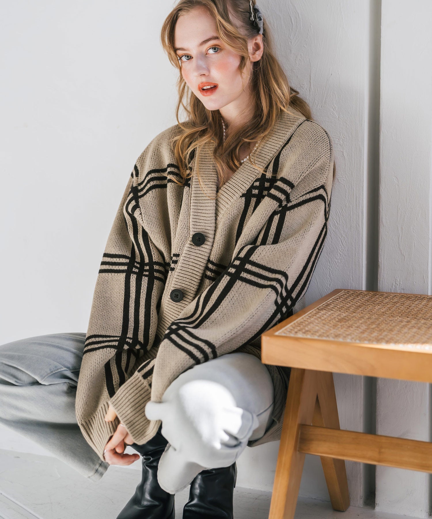 オーバーサイズ総柄Vネックボリュームニットカーディガン アーガイル柄 チェック柄 15484