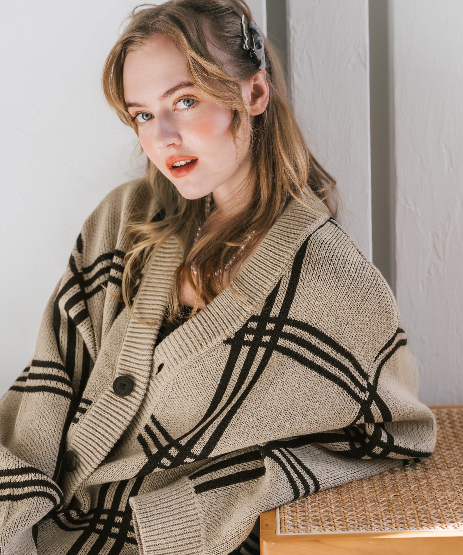 オーバーサイズ総柄Vネックボリュームニットカーディガン アーガイル柄 チェック柄 15484