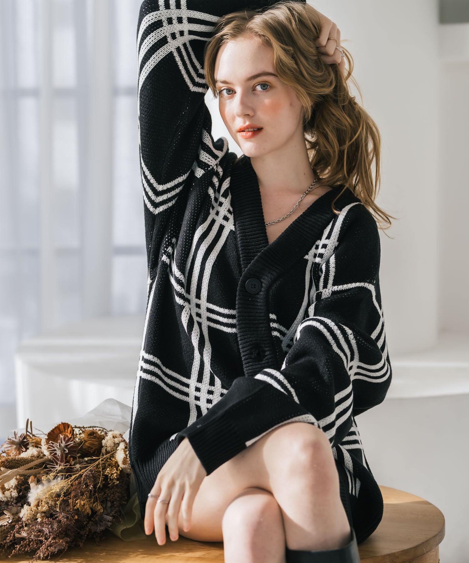 オーバーサイズ総柄Vネックボリュームニットカーディガン アーガイル柄 チェック柄 15484