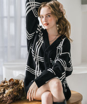 オーバーサイズ総柄Vネックボリュームニットカーディガン アーガイル柄 チェック柄 15484